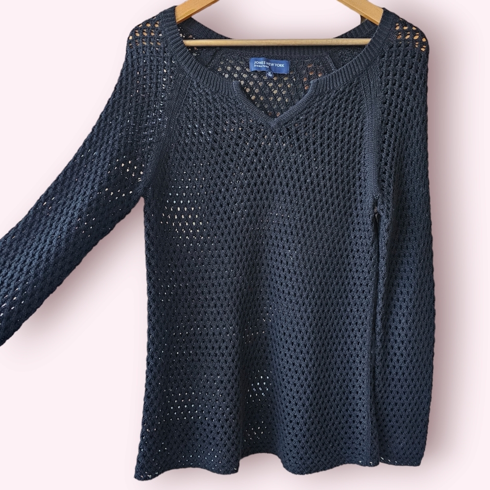 Jones New York Open Crochet Style Black Knit Sweater
